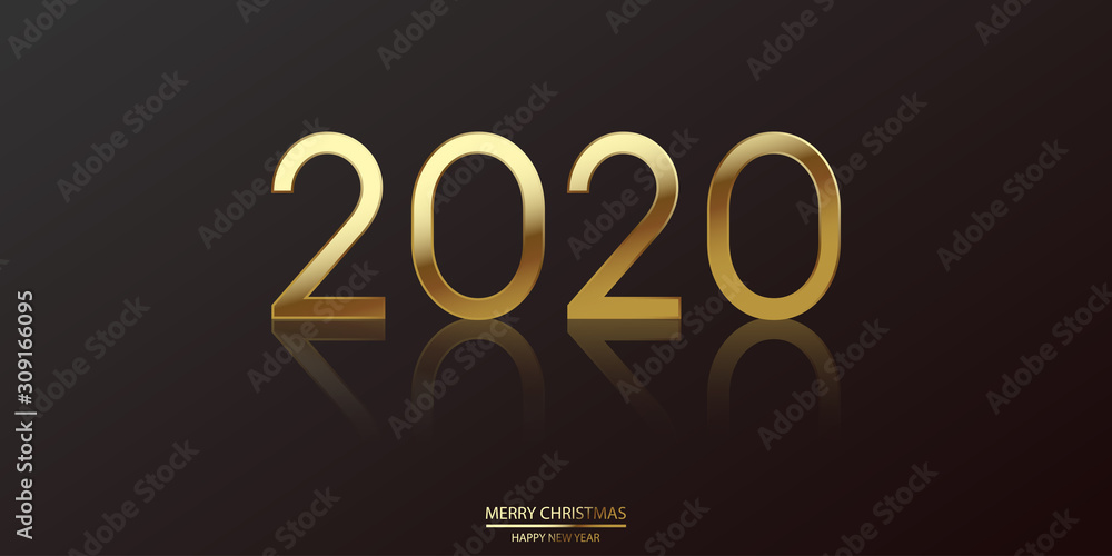 Happy 2020 Year card with glitter gold text on black. Vector