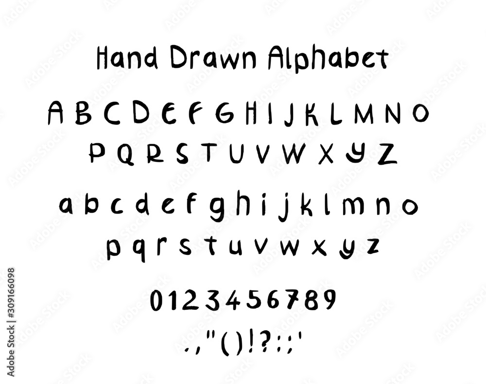 Hand drawn letters. Alphabet, punctuation marks, numerals on white background.