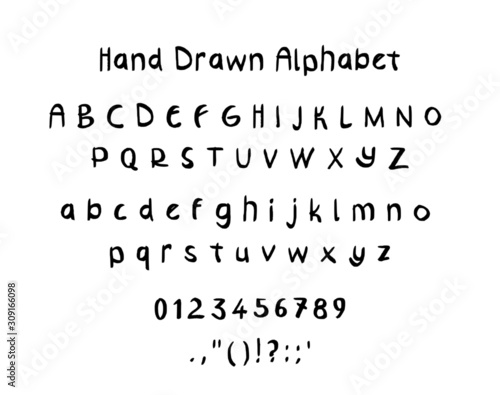 Hand drawn letters. Alphabet  punctuation marks  numerals on white background.