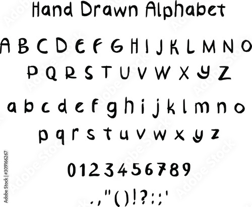 Hand drawn letters. Alphabet, punctuation marks, numerals on white background.