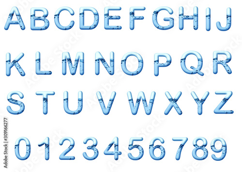 AQUA BLUE WATER AND WATER BUBBLE APLHABET LETTERS A to Z numbers 1 to 10