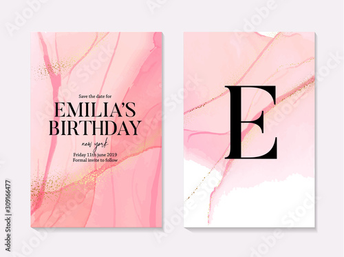 Vector soft rose gold Save the Date poster, greeting card, wedding invitation set with liguid flows background. Pink watercolor splashes with golden  foil marble decoration luxury design