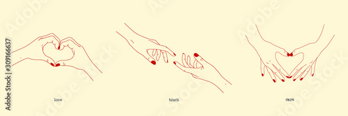 Set of hand gestures showing romantic human relationships. Love and care. Vector illustration with heart shaped hands, reaching hands. Conceptual background with body language for design