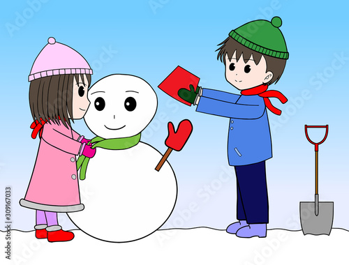 雪だるまを作る子供