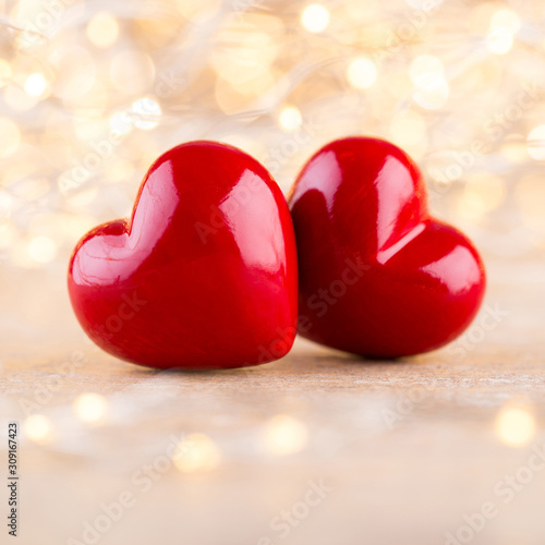 Red heart bokeh background, valentine day greeting card.