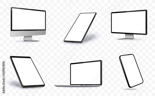 Computer Screen, Laptop, Tablet PC and Mobile Phone Vector illustration With Perspective Views.  Blank Screen Devices on Transparent Background.