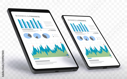 Mobile Phone and Tablet Computer Screens With Financial Charts and Graphs