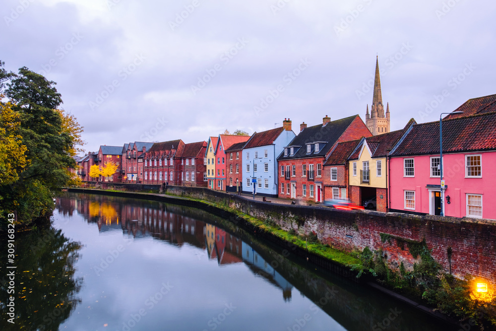 View of colorful historical houses in the center of Norwich, England, UK