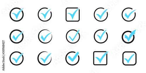 Blue tick icon vector symbol on white background.