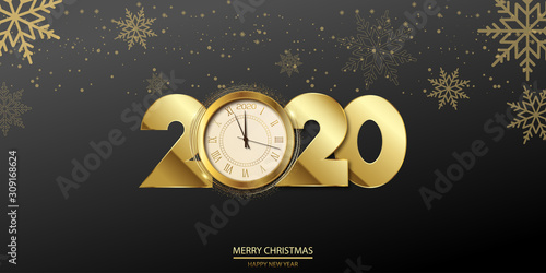 Happy 2020 Year card with golden text 2020 and clock. Vector