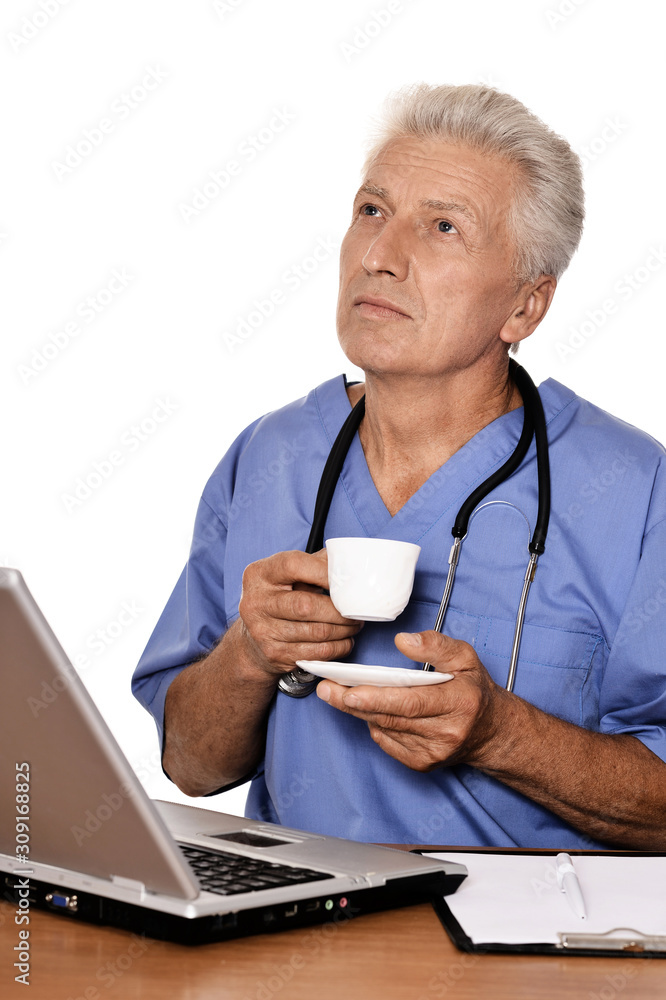 Portrait of doctor with cup of tea on white background Portrait of doctor with cup of tea on white background