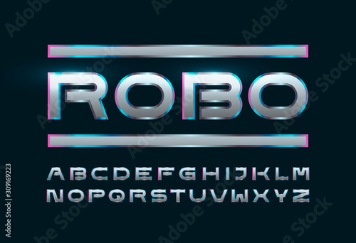 Metal chrome silver metallic and effect alphabet font. Capital letters. Abstract letters typography font. Technology, sport, movie, and sci-fi concept. Great font for headlines, labels, quotes, titles