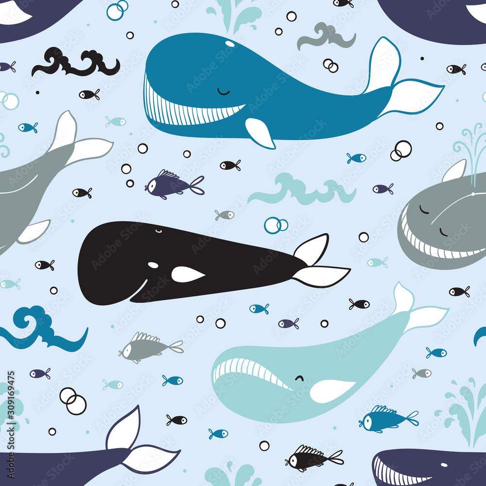 Cartoon Ocean Animals. Sea Animal Background for Kids. Vector Seamless  Pattern with Different Cute Whales, Fishes and Sea Waves Stock Vector |  Adobe Stock