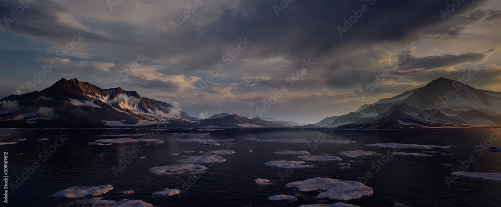 Fototapeta 3D environment of the Arctic Mountains with small iceberg in the water - Landscape