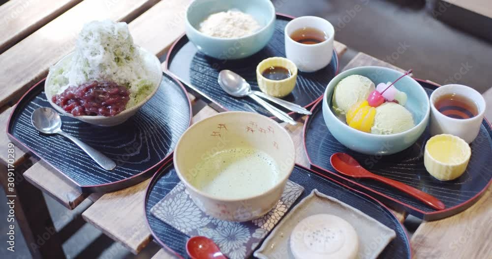 Traditional Japanese snacks and foods set on the table on a hot summer day in Kyoto, Japan soft lighting Traditional Japanese snacks and foods set on the table on a hot summer day in Kyoto, Japan soft lighting