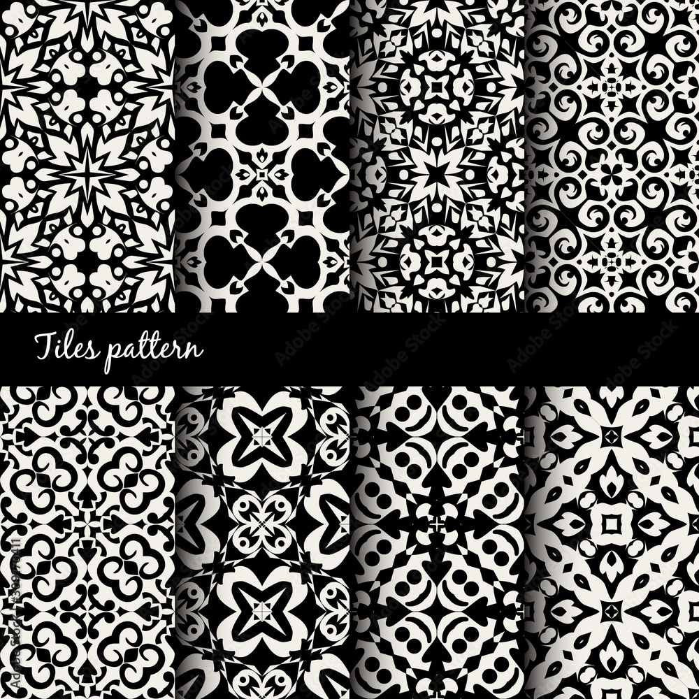 Vector seamless texture collection. Set of monochrome backgrounds with ethnic oriental ornamen