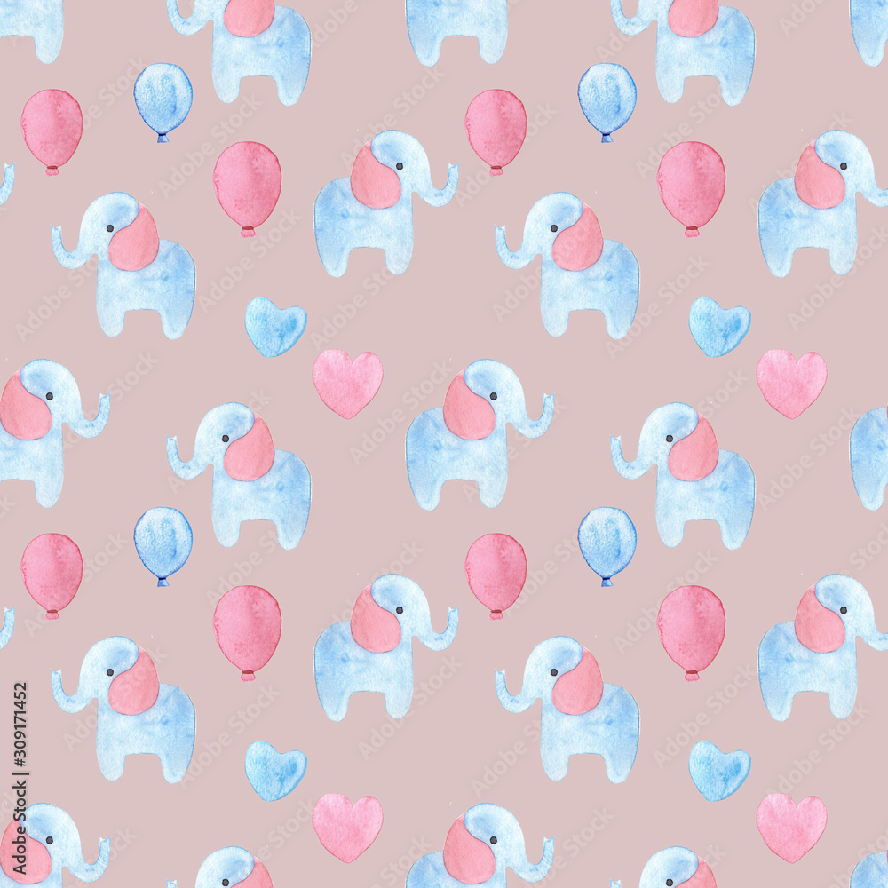 Watercolor hand painted cute blue and pink cartoon elephant with balloon seamless pattern - wallpaper, wrapping paper