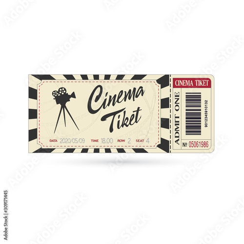 Cinema ticket close up isolated on white background. Retro movie entrance ticket. Realistic admission pass mockup or performance coupon. Template ticket for Cinema, Theatre, Concert, Party, Festival.
