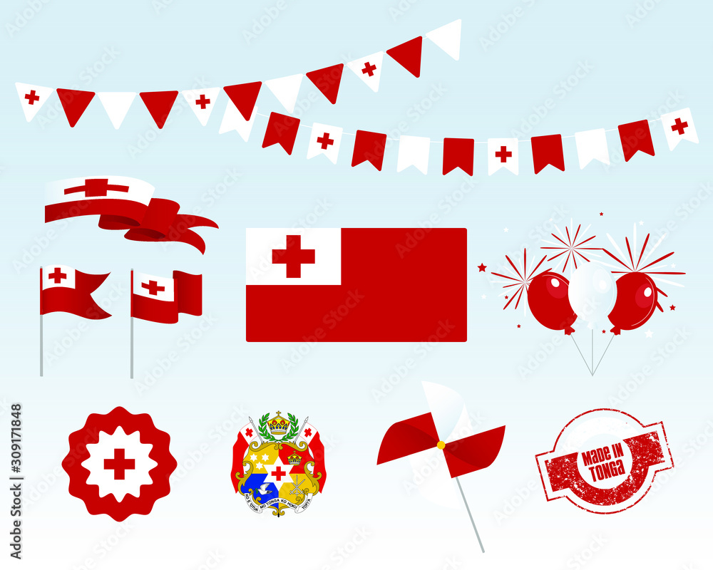 National holiday. Independence Day Tonga set of vector design elements,  Made in Tonga. Map, flags, ribbons, turntables, sockets. Vector symbolism,  set for your info graphics. June 4th Stock Vector | Adobe Stock