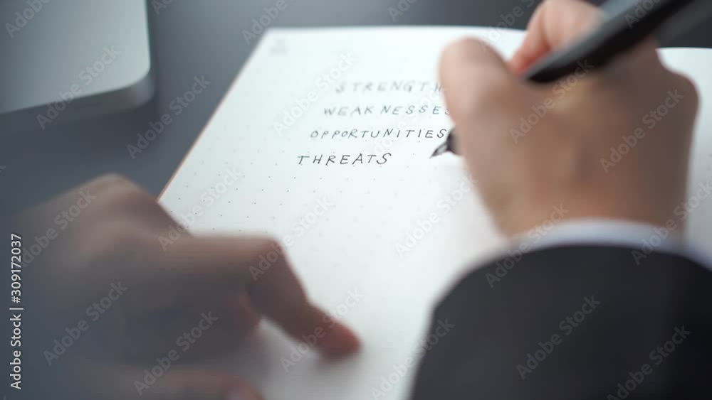 businessman write words on notebook page, SWOT analysis concept businessman write words on notebook page, SWOT analysis concept