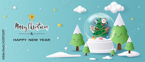 Santa Claus and friends in Christmas globe, Merry Christmas and Happy New Year 2020, paper art and craft style.