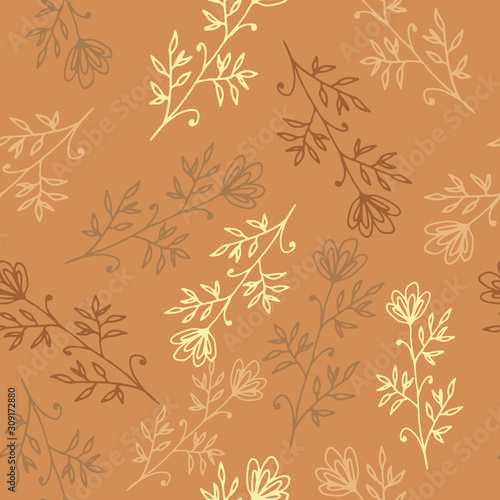 Floral seamless pattern in line art style. Abstract botanical print of flowers, leaves, twigs. Textile design texture. Spring blossom background. Vector illustration.