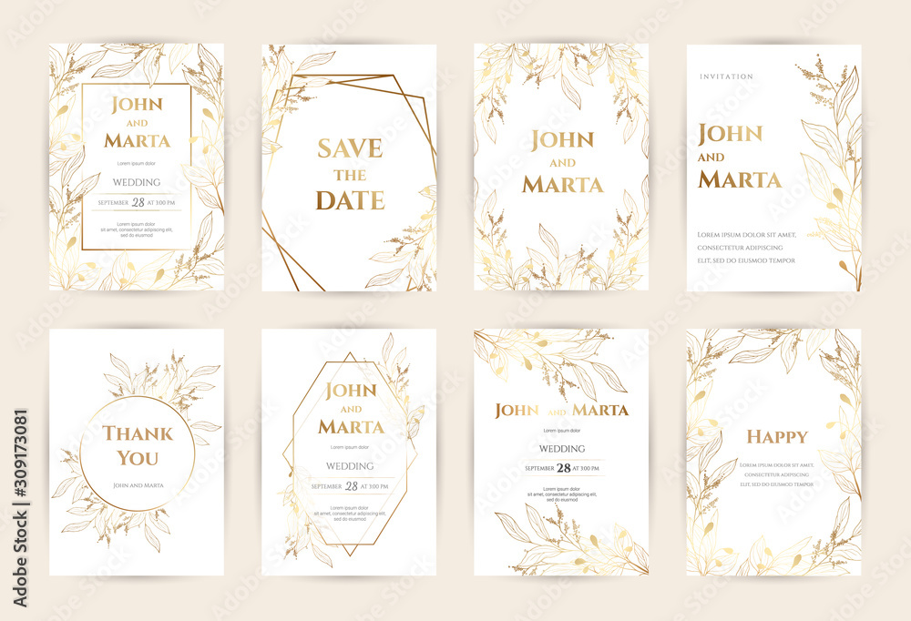 Obraz Wedding Invitation with Gold Flowers. background with geometric golden frame. Cover design with an ornament of golden leaves.Trendy templates for banner, flyer, poster, greeting. eps10