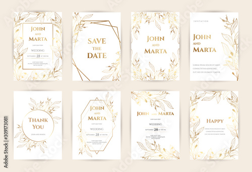 Wedding Invitation with Gold Flowers. background with geometric golden frame. Cover design with an ornament of golden leaves.Trendy templates for banner  flyer  poster  greeting. eps10
