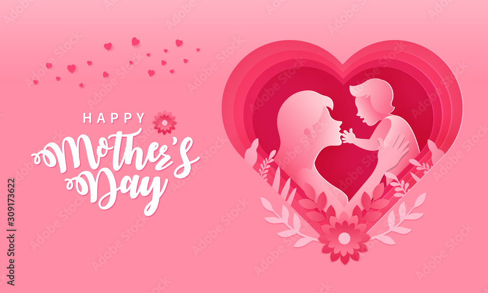 Happy Mother's day. Greeting card illustration of mother and baby   inside paper cut pink heart shape