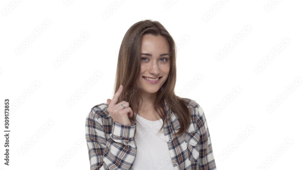 Exactly, gotcha. Cheeky and flirty young woman in plaid shirt, pointing finger pistol camera, smiling, got your point, agree with plan, praise friend good job, congratulating person, white background Exactly, gotcha. Cheeky and flirty young woman in plaid shirt, pointing finger pistol camera, smiling, got your point, agree with plan, praise friend good job, congratulating person, white background