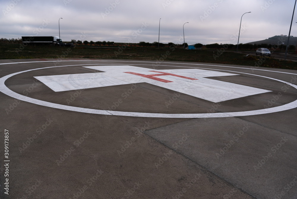 Heliport at ground level, in a town in Toledo, Spain
