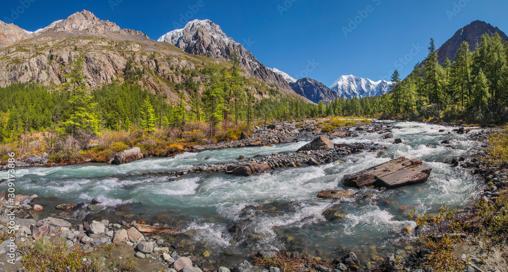Beautiful mountain landscape. Wild river with a rapid flow. Summer greenery along the banks, snow-capped peaks. Wild places of Siberia, Altai. Beautiful mountain landscape. Wild river with a rapid flow. Summer greenery along the banks, snow-capped peaks. Wild places of Siberia, Altai.