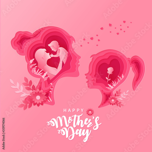 Happy Mother's day. Greeting card illustration of mother and daughter in paper cut out style