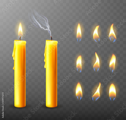 Burning candle with dripping or flowing wax, realistic vector illustration. Yellow candles with golden flame lit and extinguished with melted wax isolated on transparent. Church Christmas collection