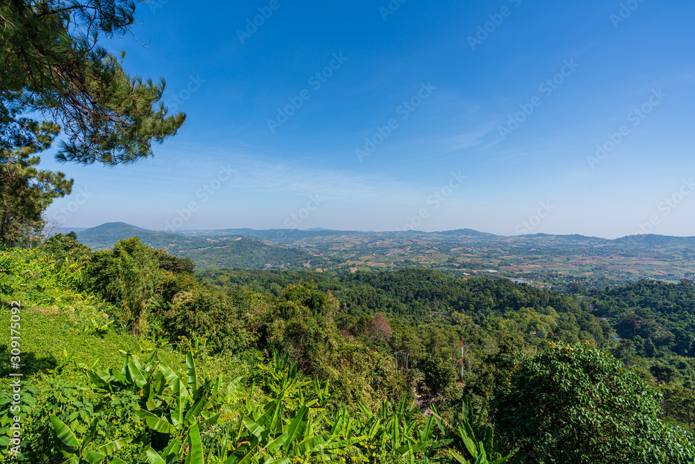 Obraz premium beautiful blue sky high peak mountains mist fog wildlife green forest at Khao Koh Phu Tub Berk Phetchabun Thailand guiding idea long weekend for backpacker camping campfire relaxing hiking 