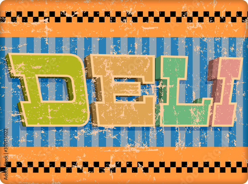 Retro american deli sign or restaurant sign, vector illustration. Fictional vector art.