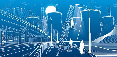 Workers serve the lights. Industry machinery, crane lifts a man. Illuminated higway. Car overpass and power plant at background. Infrastructure urban buildings illustration. Vector design art
