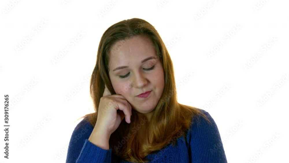Thoughtful overweight model in studio with hand near the face. Smart chubby woman wondering and looking for solution. Isolated on white background Thoughtful overweight model in studio with hand near the face. Smart chubby woman wondering and looking for solution. Isolated on white background