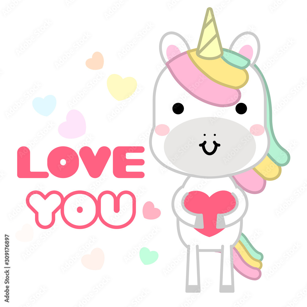 Cute magical unicorn holding red heart and lettering quote love you , Kawaii character design perfect for child card, t-shirt. girls, kid. magic concept. Vector illustration Cute magical unicorn holding red heart and lettering quote love you , Kawaii character design perfect for child card, t-shirt. girls, kid. magic concept. Vector illustration