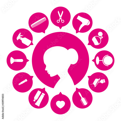 Vector line icon set tools ladies hairdresser - salon. Isolated on white background.