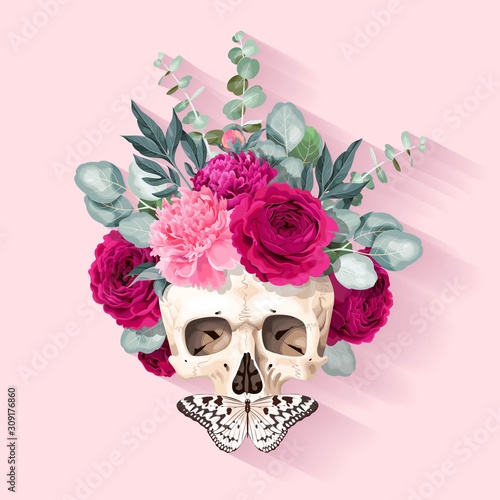 Fototapeta Naklejka Na Ścianę i Meble -  Vector illustration with human skull and flowers
