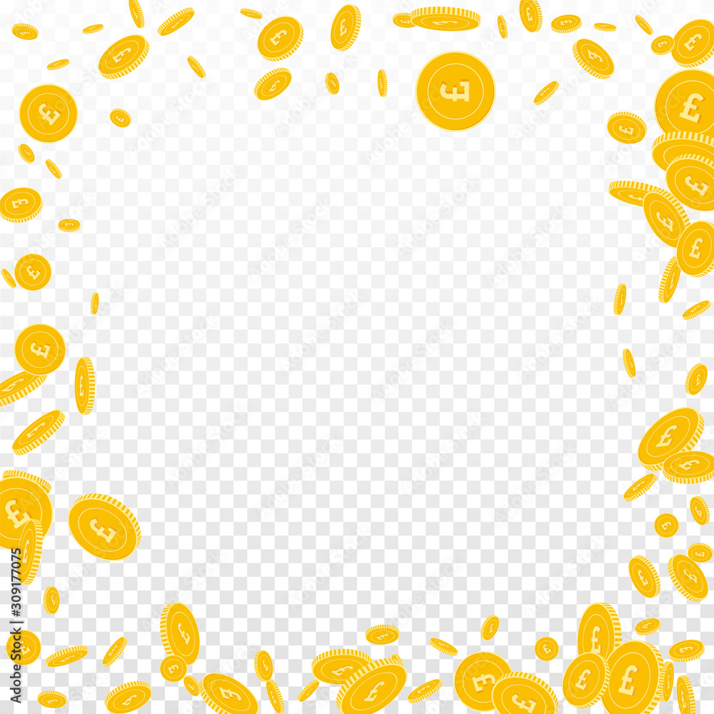 British pound coins falling. Scattered disorderly British pound coins falling. Scattered disorderly