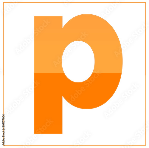 The letter p,  made light orange and dark orange, half-and-half. Same colors turn upside down and used in frame. On white background