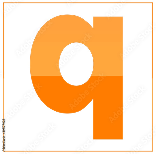 The letter q,  made light orange and dark orange, half-and-half. Same colors turn upside down and used in frame. On white background