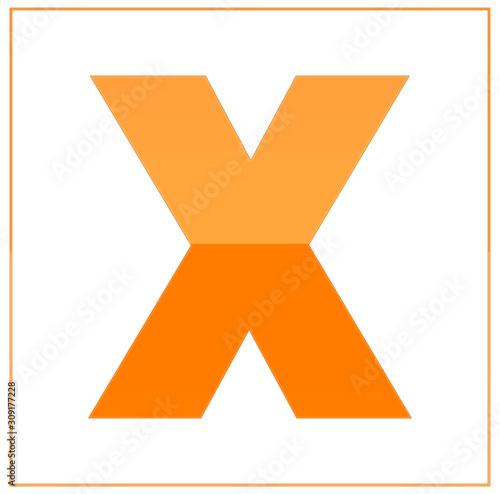 The letter x,  made light orange and dark orange, half-and-half. Same colors turn upside down and used in frame. On white background