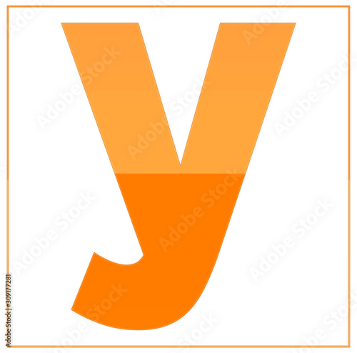 The letter y,  made light orange and dark orange, half-and-half. Same colors turn upside down and used in frame. On white background