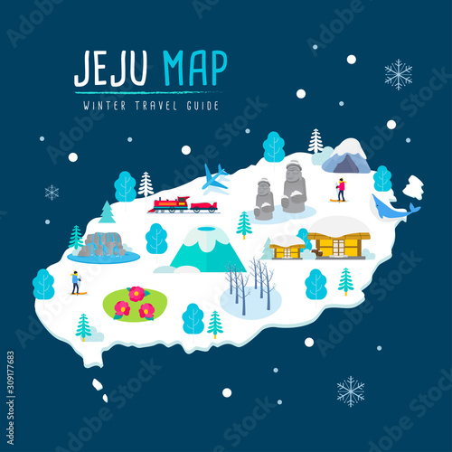 Jeju island travel map vector illustration, Attractions in flat design. Winter travel guide