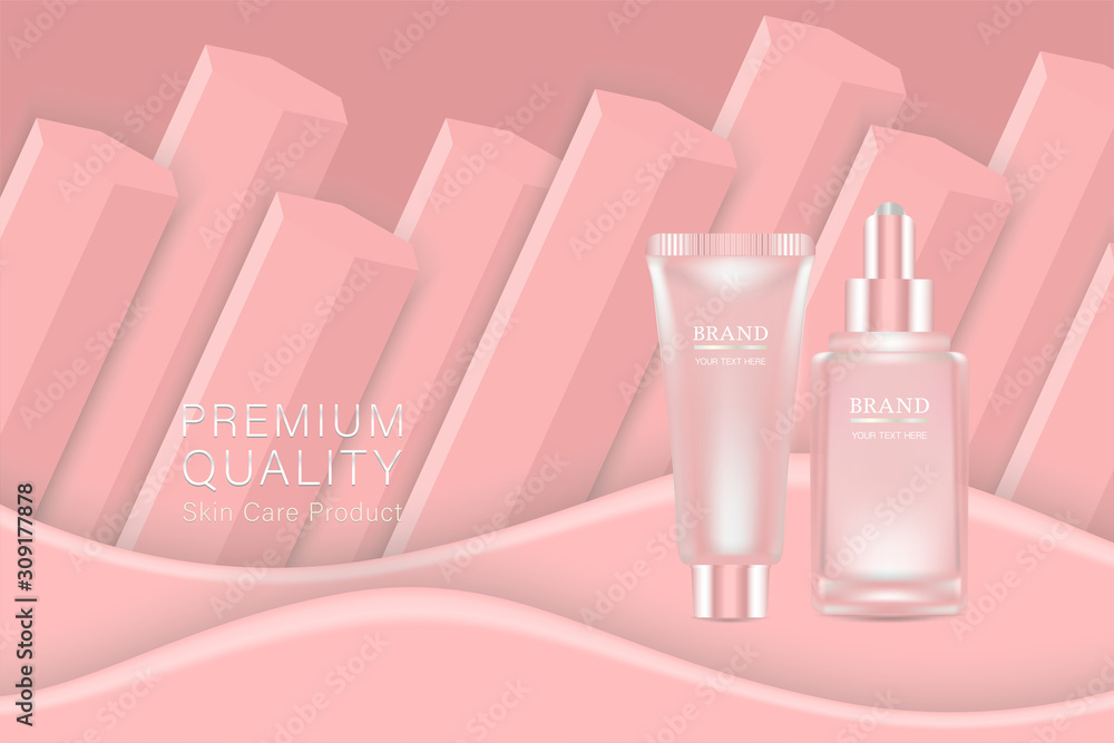 Beauty product ad design, pink cosmetic container with collagen solution advertising background ready to use, luxury skin care banner, illustration vector. Beauty product ad design, pink cosmetic container with collagen solution advertising background ready to use, luxury skin care banner, illustration vector.