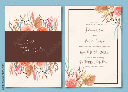 vintage wedding invitation with dry floral watercolor