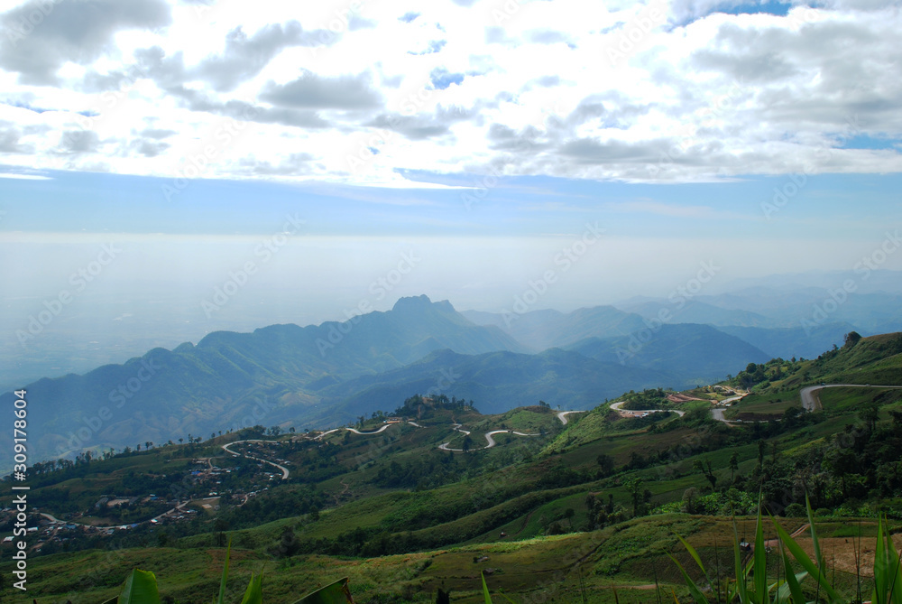 The road from the mountains with foggy cloud sky. Phu Thap Berk, Phetchabun, Thailand.